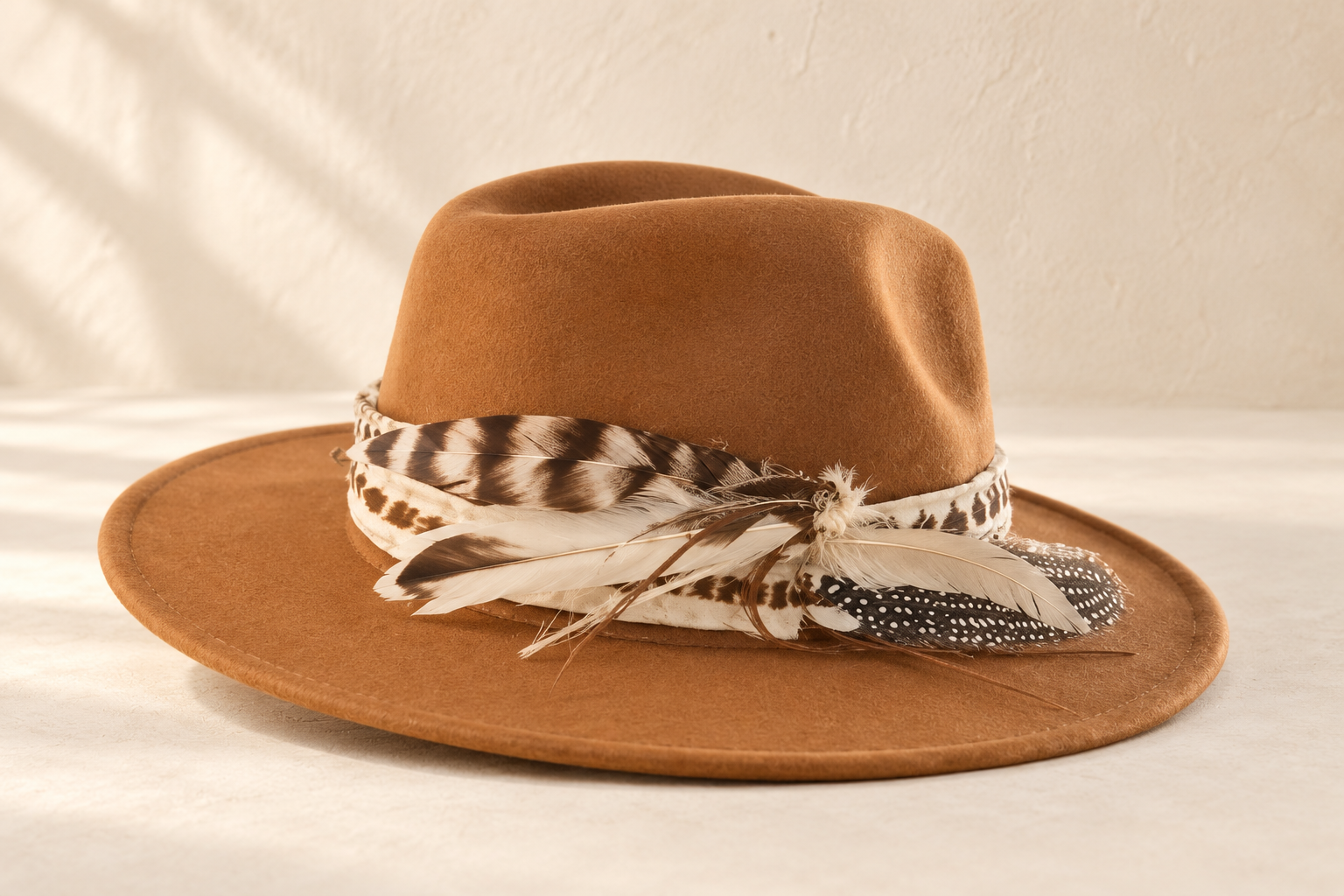 Camel & feathers, staged preview of Cheri’s hat
